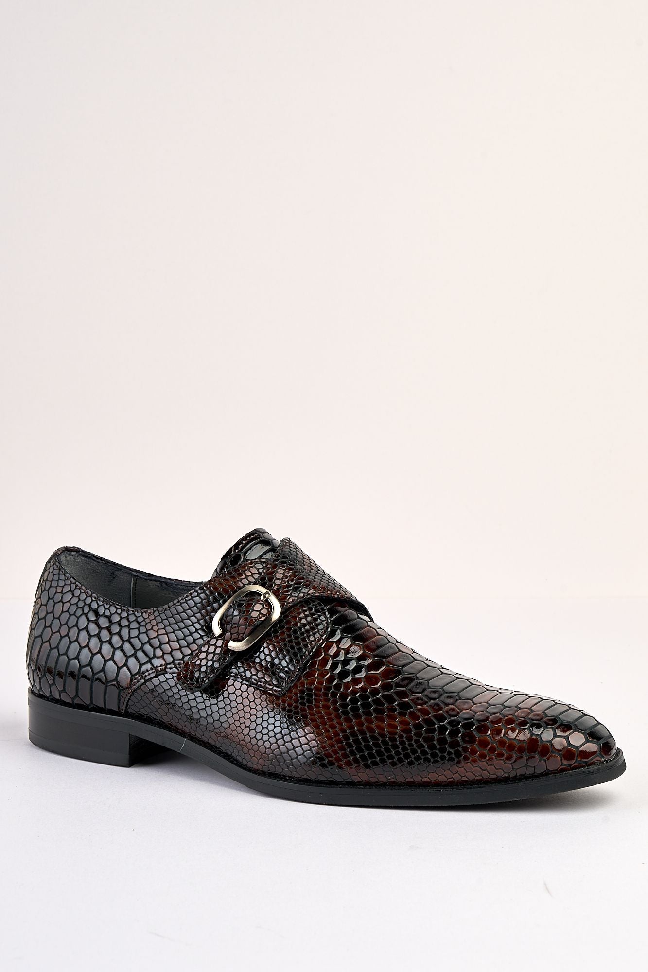 Saviano Coffee Crocodile-Pattern Monk Shoe