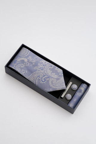 Silver Paisley Tie Set with Tie Bar & Cufflinks Silver Paisley Tie Set with Tie Bar & Cufflinks