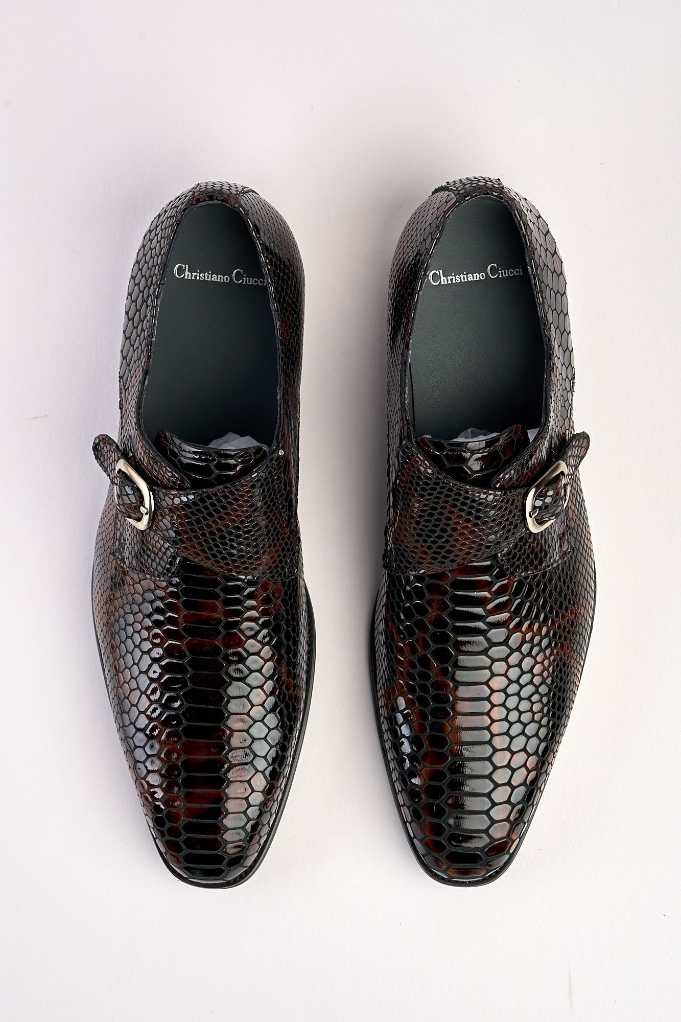 Saviano Coffee Crocodile-Pattern Monk Shoe