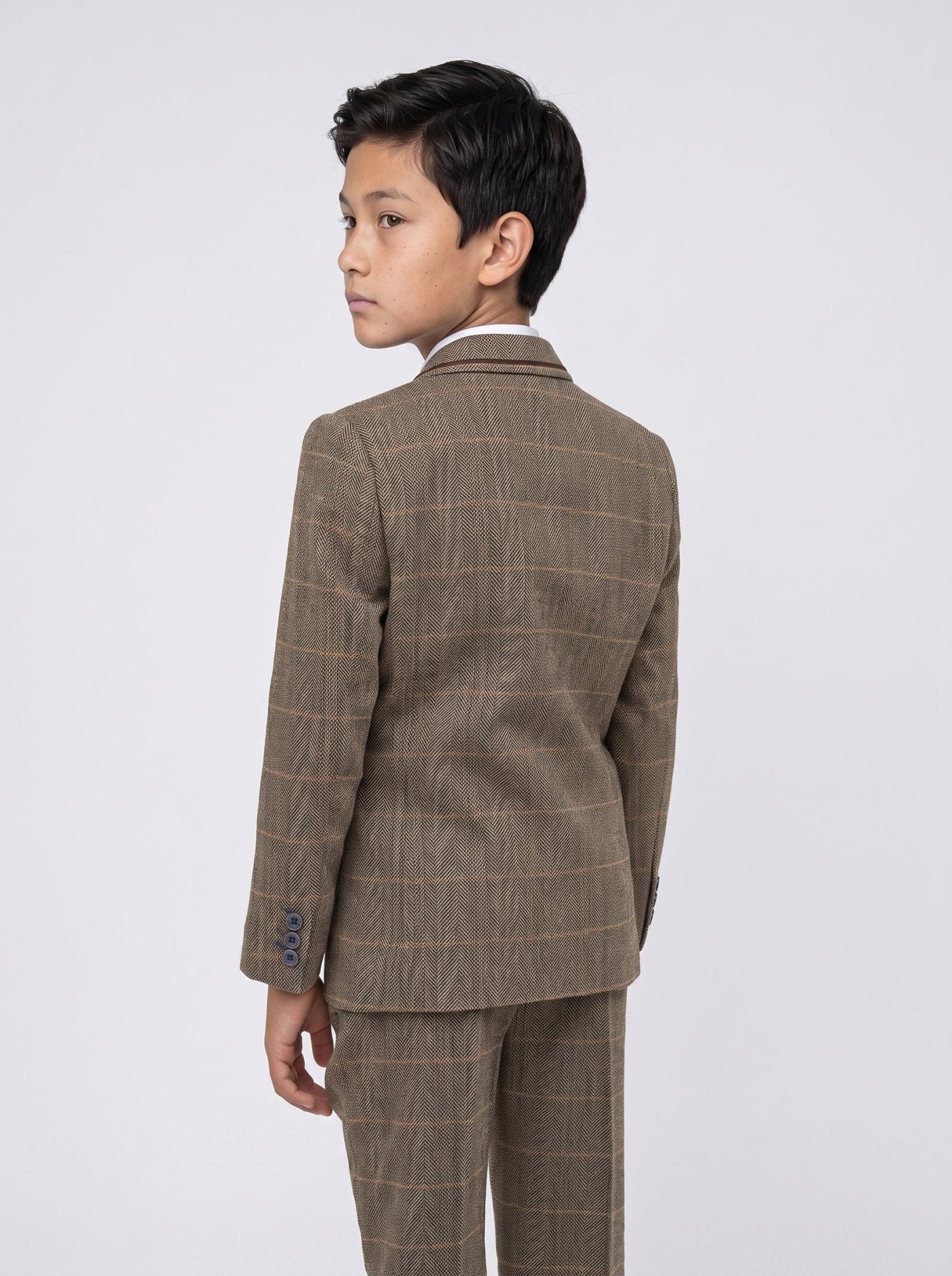 Boys Albert Brown Tweed Check Three Piece Suit