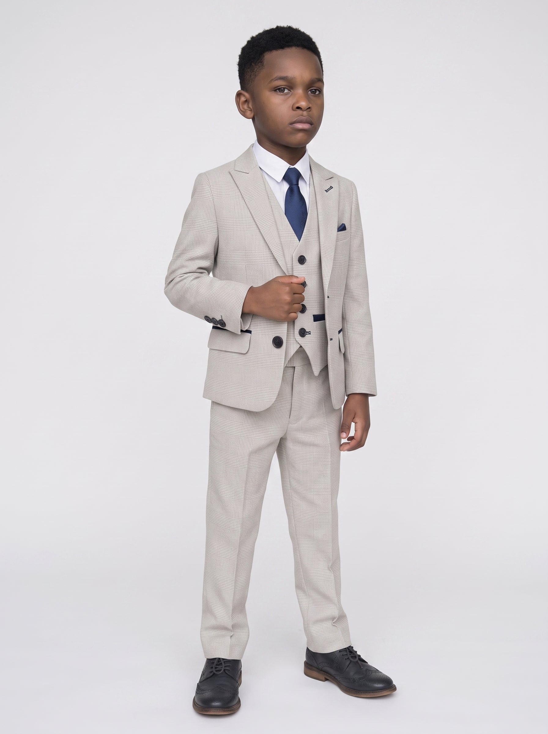 BROMLEY - Stone Check Print Three Piece Suit