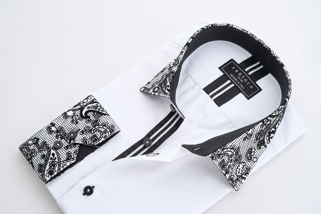 White Shirt with Black Paisley Detail