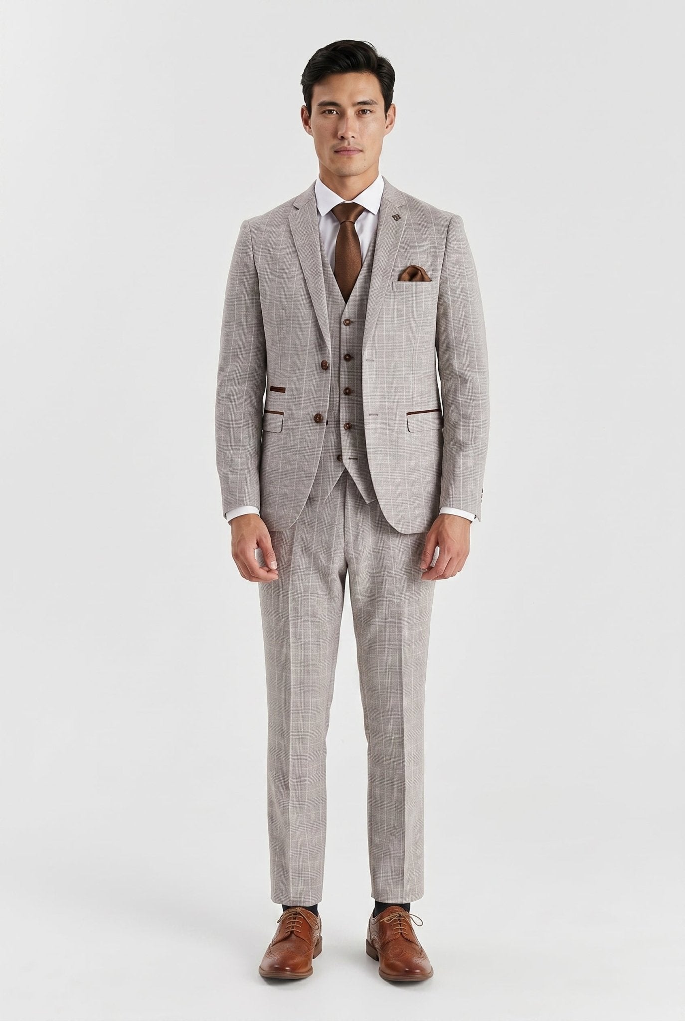 Leo Beige Check Three Piece Suit