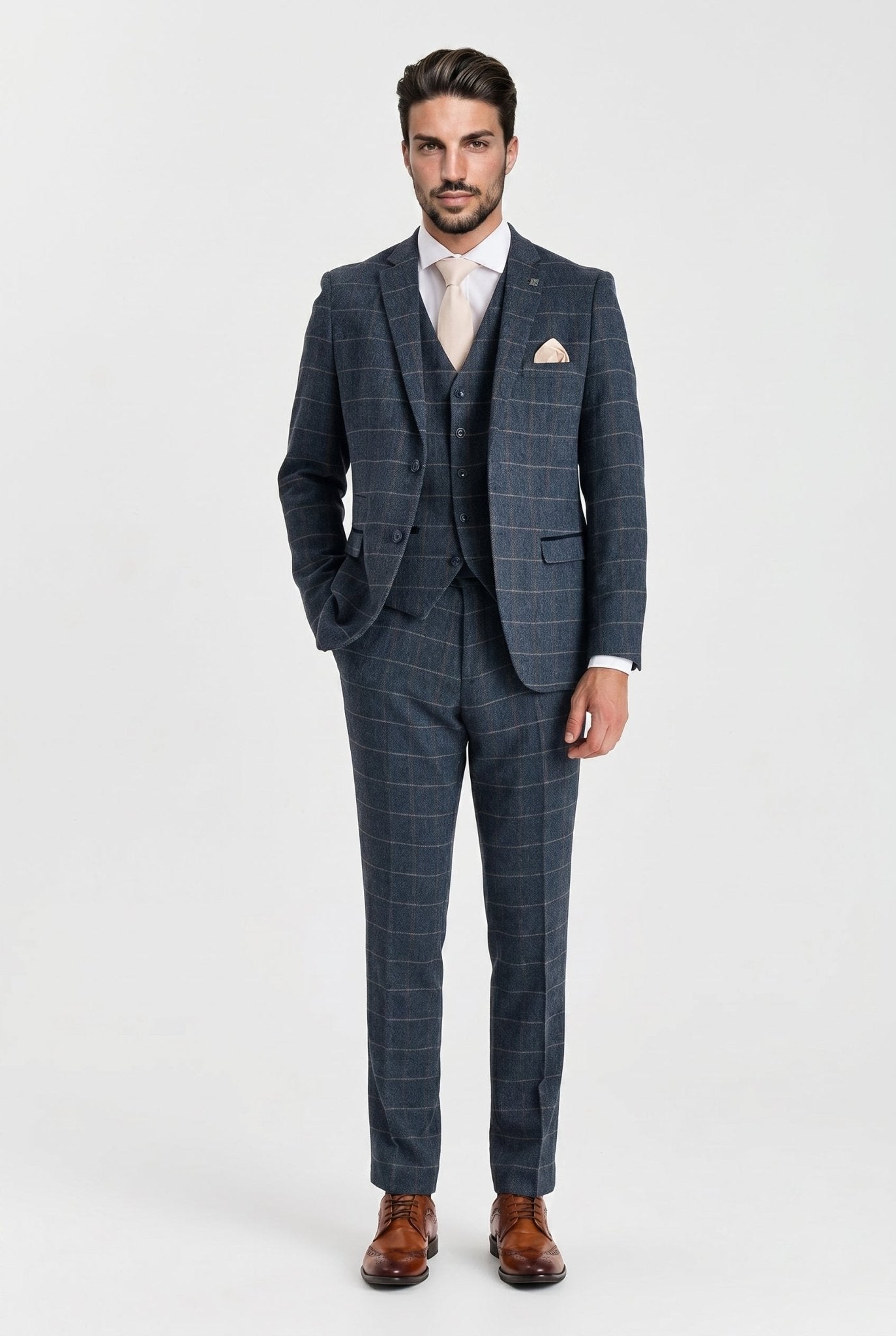 Harris Navy Herringbone Tweed Check Three Piece Suit