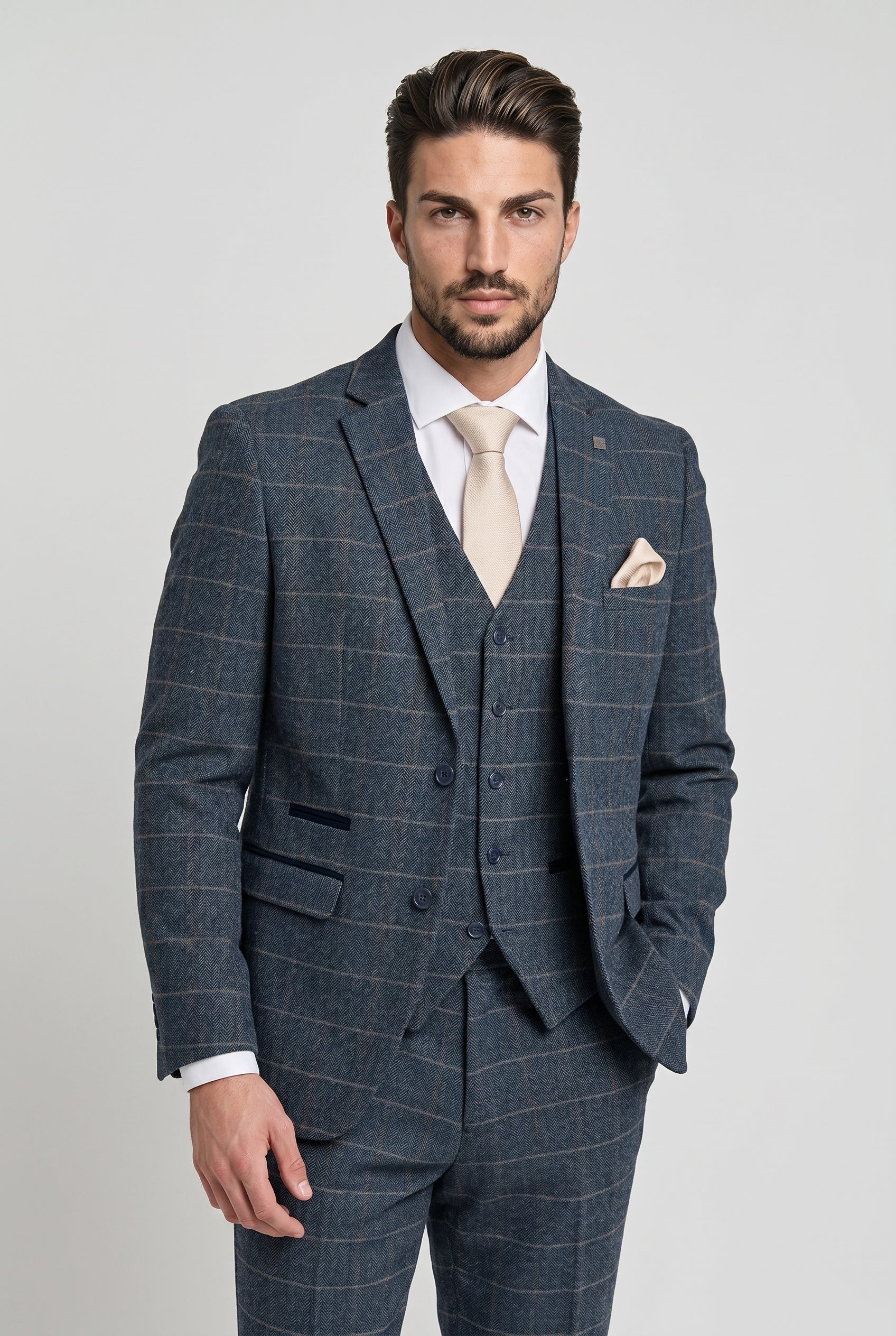 Harris Navy Herringbone Tweed Check Three Piece Suit