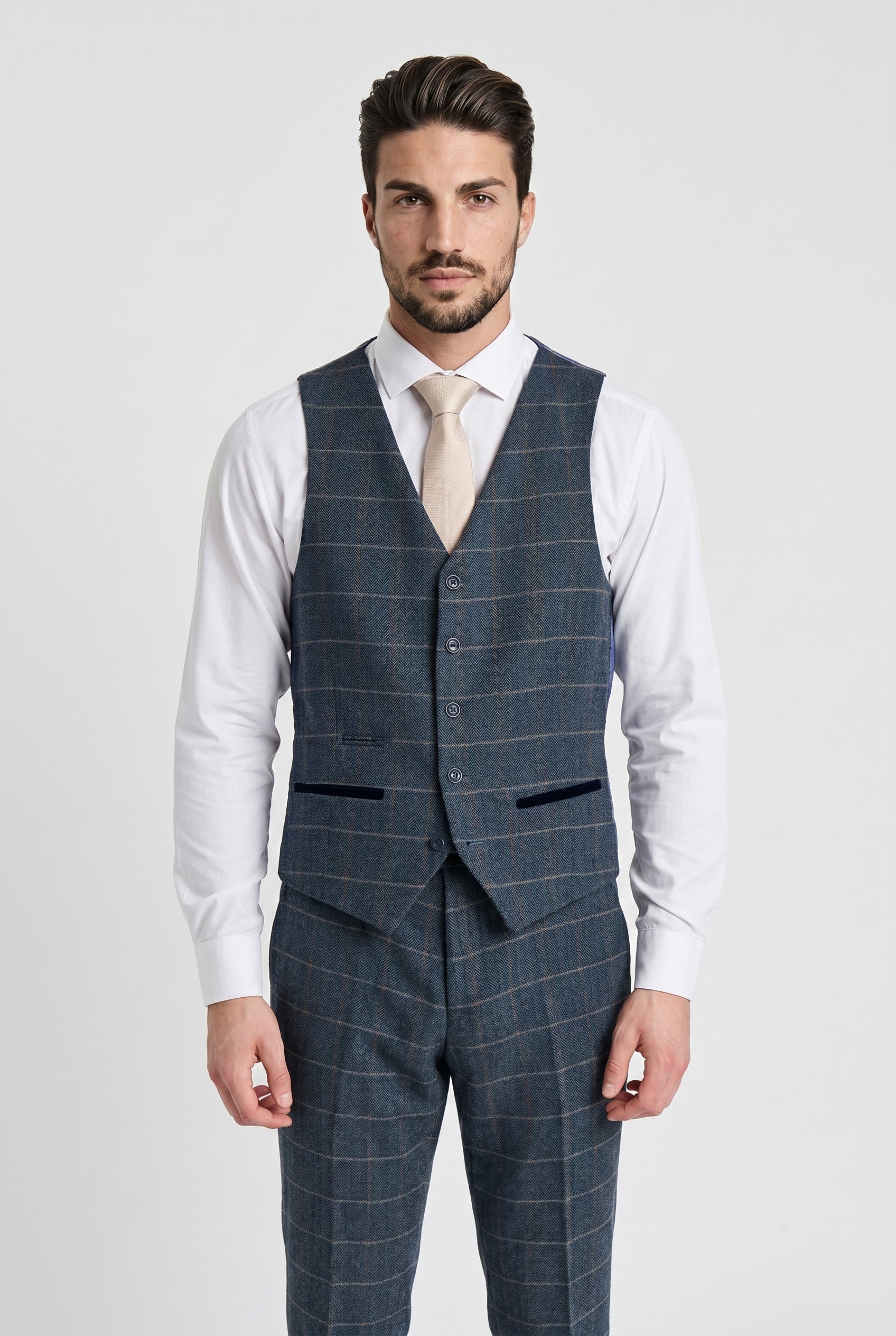 Harris Navy Herringbone Tweed Check Three Piece Suit