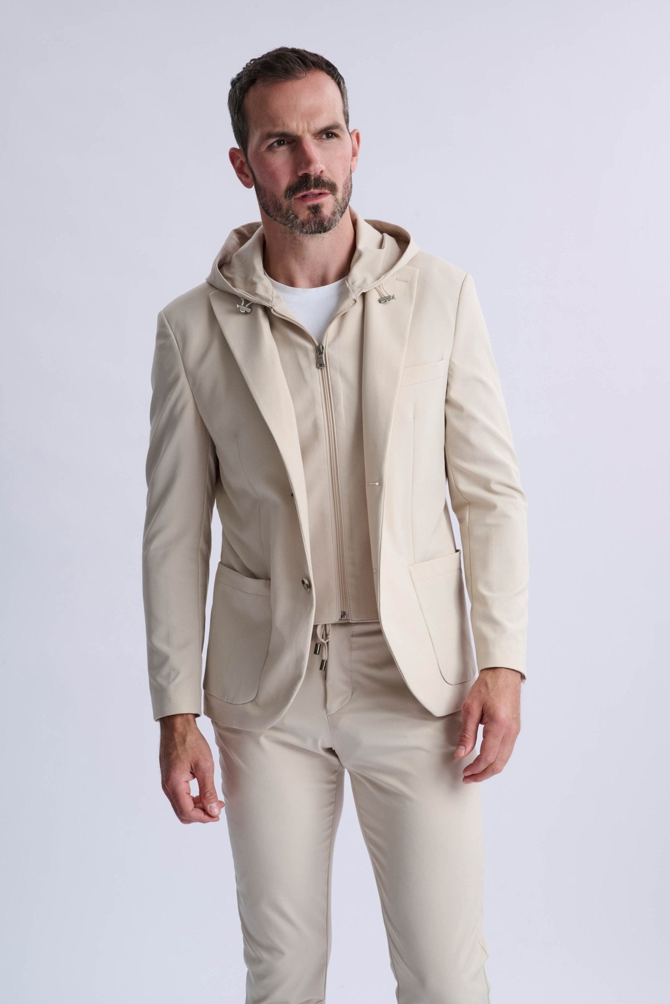 Rulli Beige 360 Stretch Technical Suit with Detachable Hood