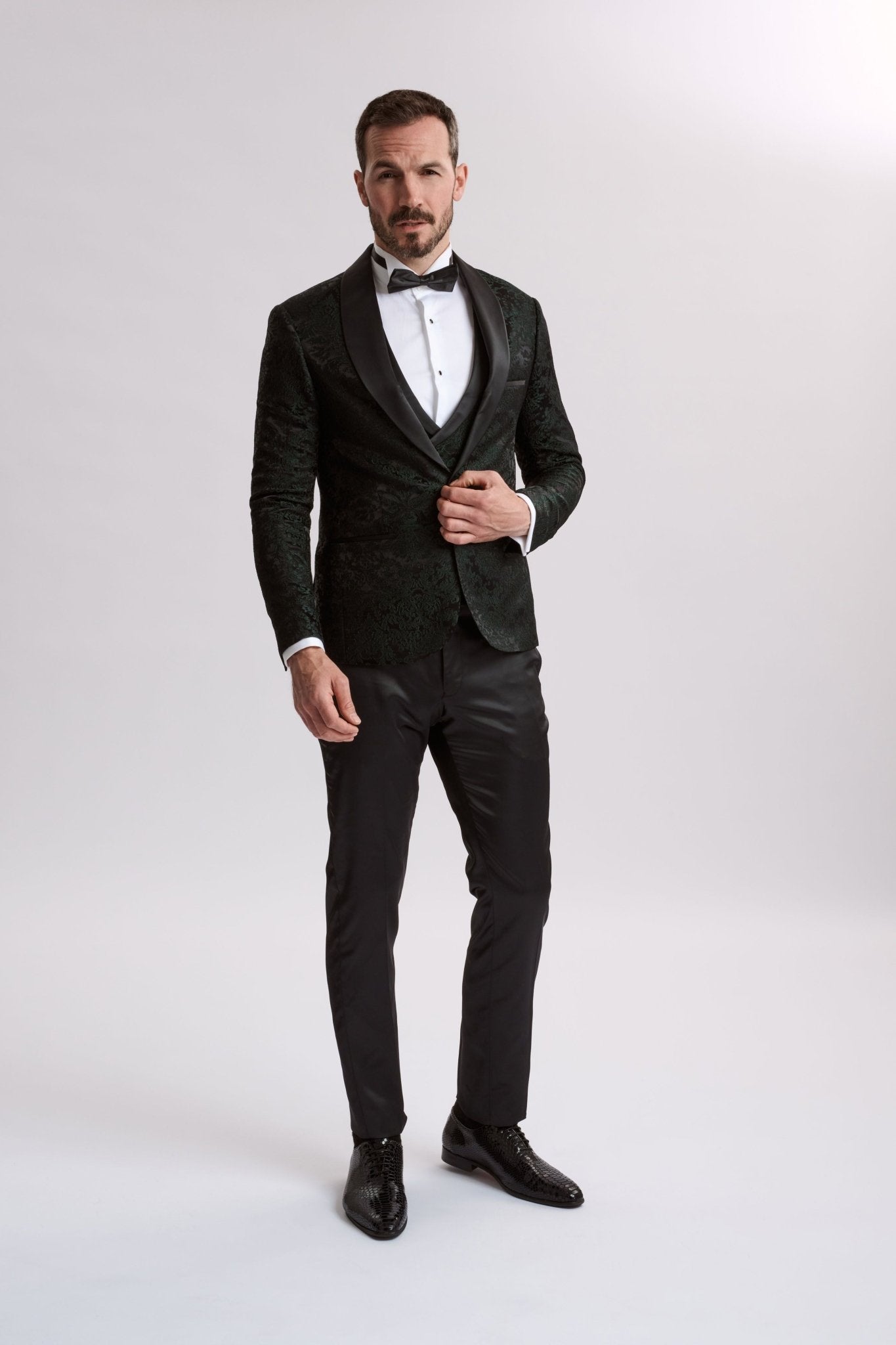 Santoro Milan's Paisley Three Piece Brocade Olive Suit