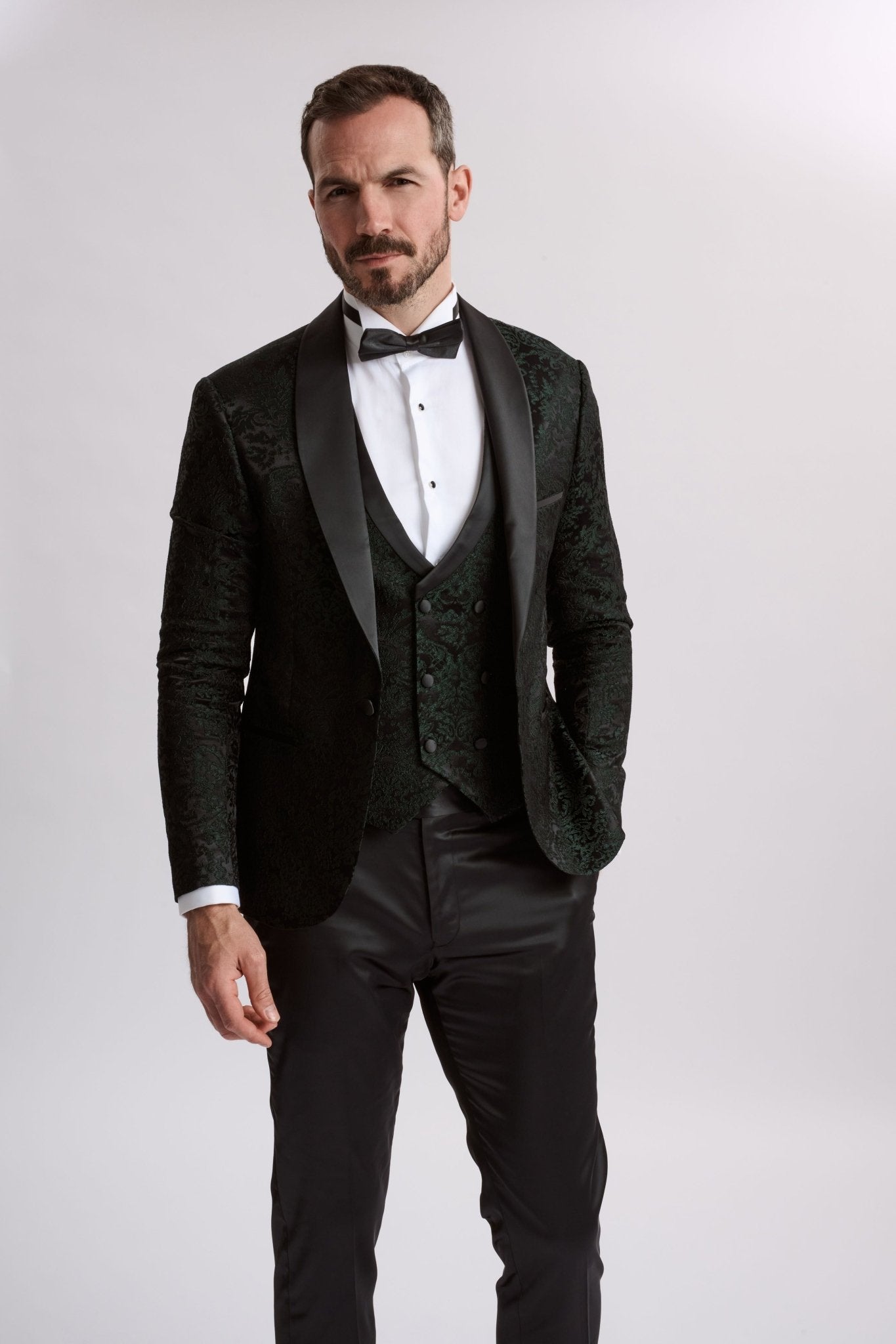 Santoro Milan's Paisley Three Piece Brocade Olive Suit