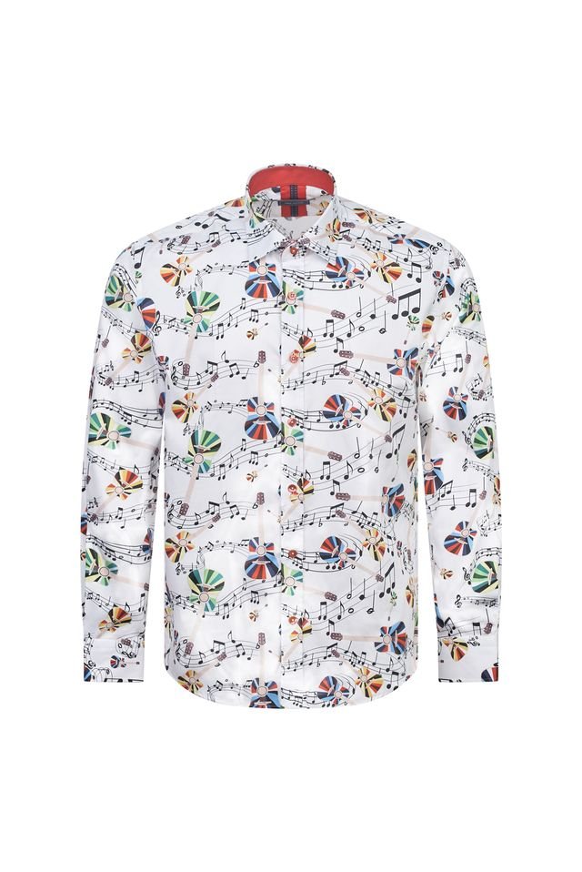 White Musical Notes & Guitar Print Shirt