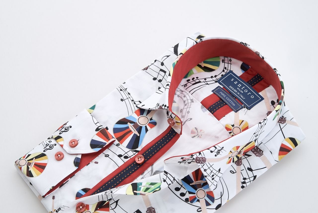 White Musical Notes & Guitar Print Shirt