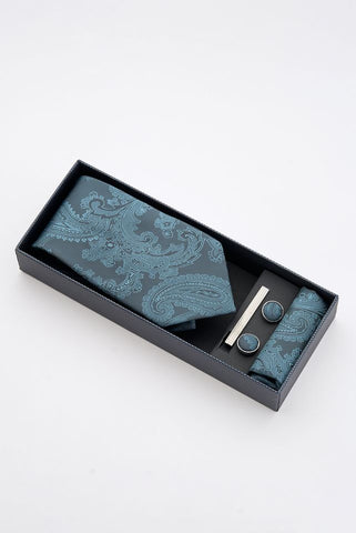Teal Paisley Tie Set with Tie Bar & Cufflinks Teal Paisley Tie Set with Tie Bar & Cufflinks