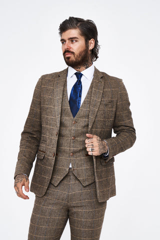 Marc Darcy Ted Tan Tweed Check Three piece Suit Marc Darcy Ted Tan Tweed Check Three piece Suit