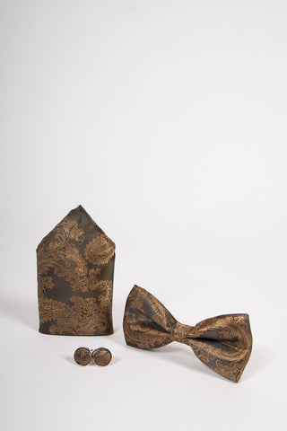 Gold Tan paisley Bow Tie Set-Bow tie, pocket square, Cufflinks. Gold Tan paisley Bow Tie Set-Bow tie, pocket square, Cufflinks.