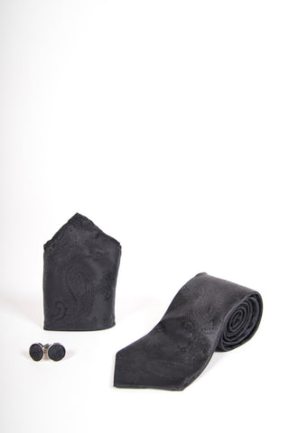 Black Paisley Print  Tie set- Tie, pock square, cufflinks. Black Paisley Print  Tie set- Tie, pock square, cufflinks.