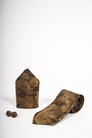 Gold Tan Paisley Print  Tie set- Tie, pock square, cufflinks. Gold Tan Paisley Print  Tie set- Tie, pock square, cufflinks.