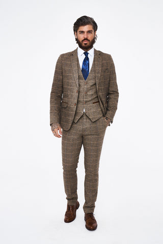Marc Darcy Ted Tan Tweed Check Three piece Suit Marc Darcy Ted Tan Tweed Check Three piece Suit