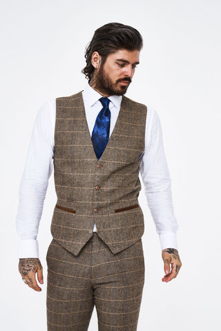 Marc Darcy Ted Tan Tweed Check Three piece Suit Marc Darcy Ted Tan Tweed Check Three piece Suit