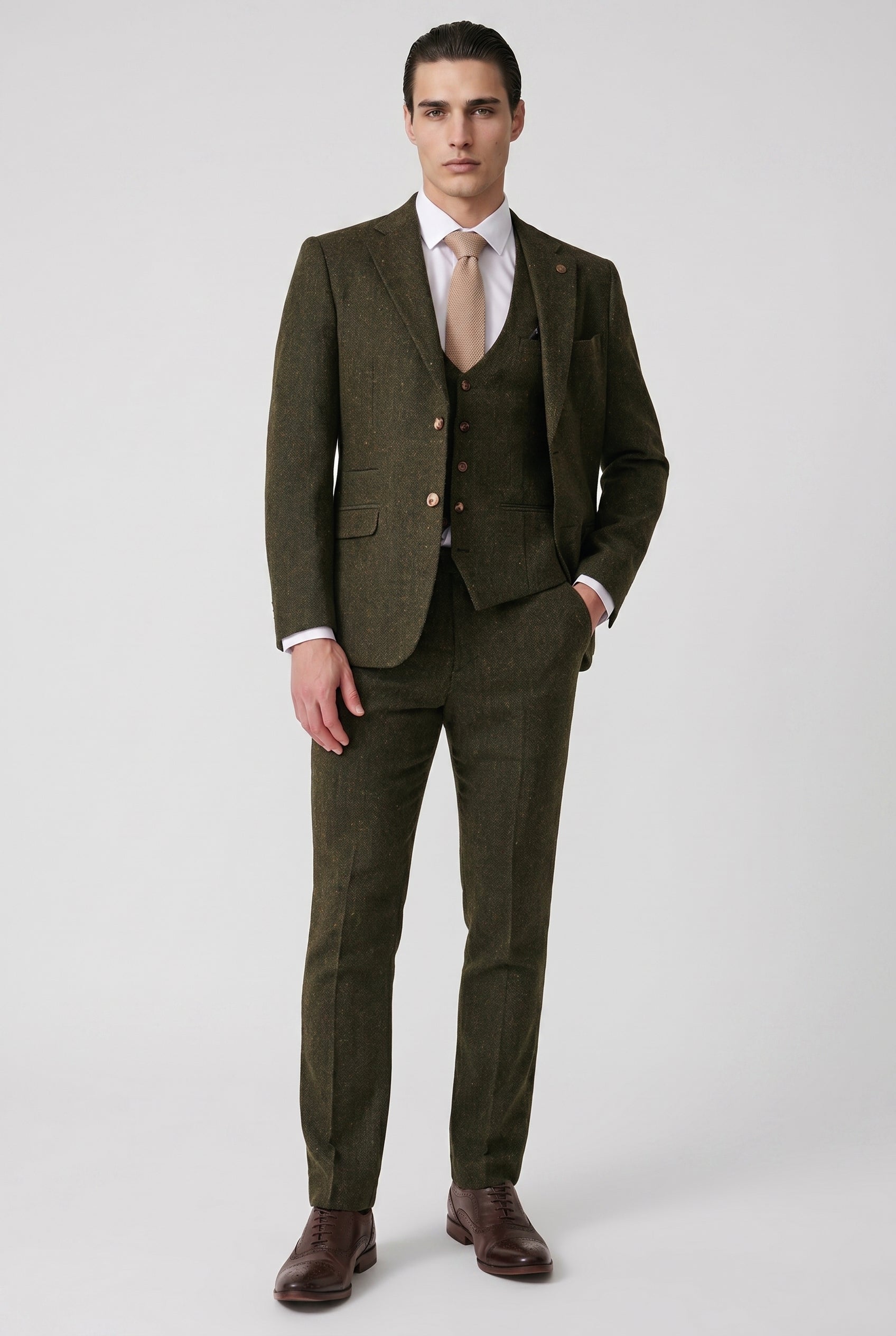 DEAN - Olive Tweed Three Piece Suit