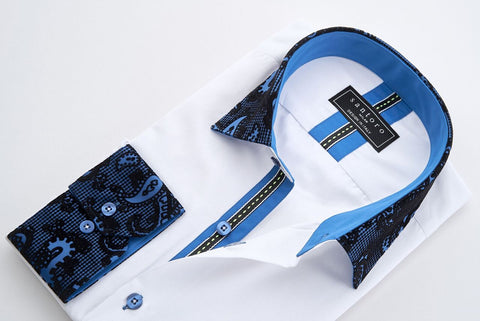 White Shirt with Blue Paisley Contrast Collar & Cuffs