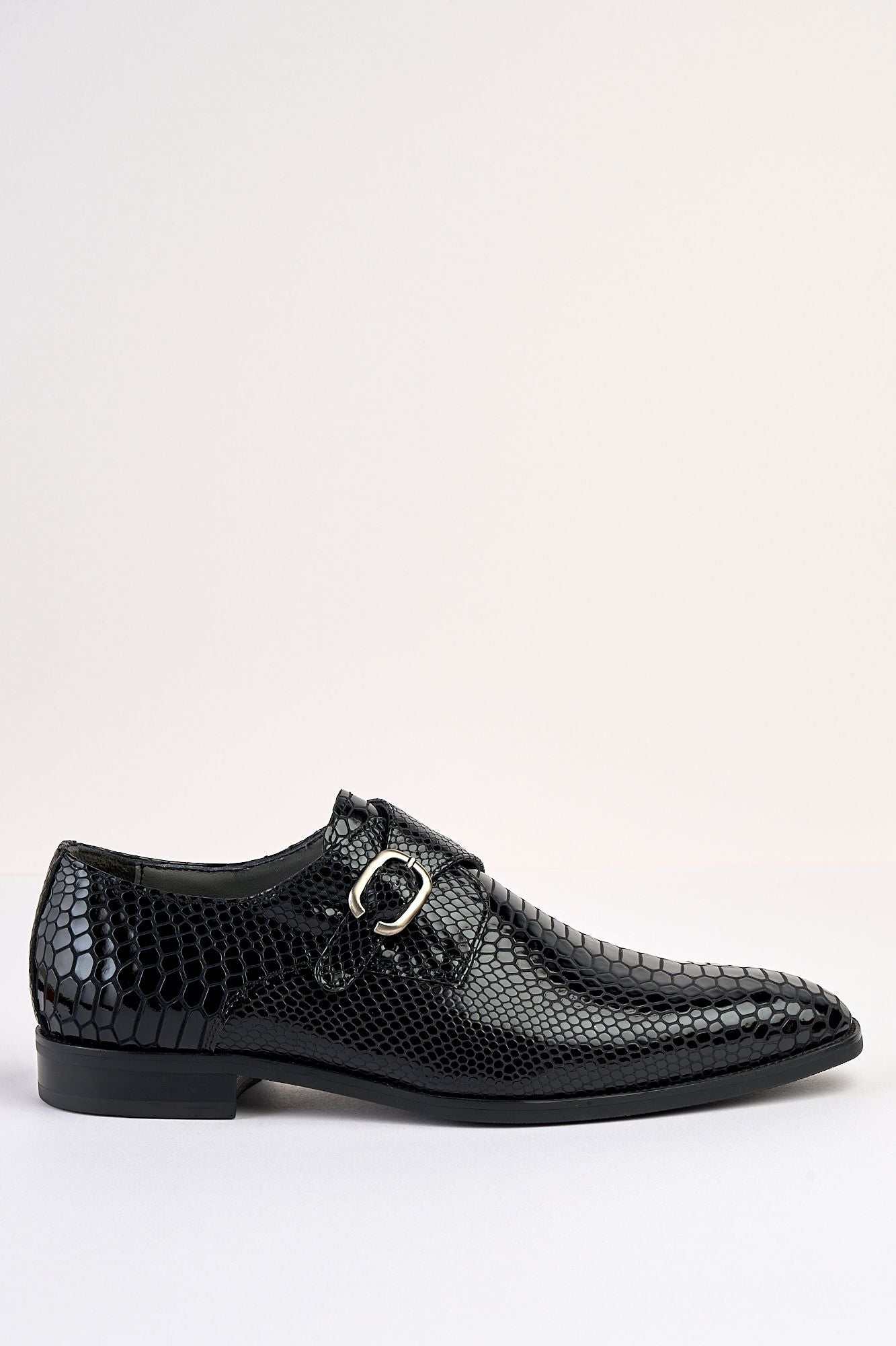 Saviano Black Crocodile-Pattern Monk Shoe