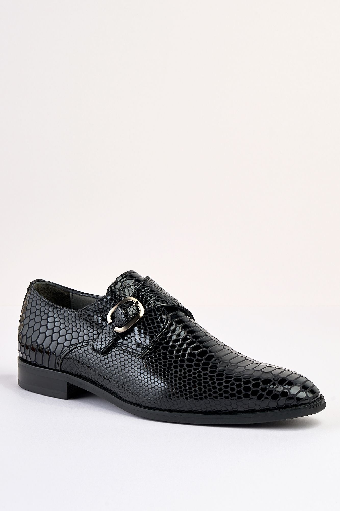 Saviano Black Crocodile-Pattern Monk Shoe