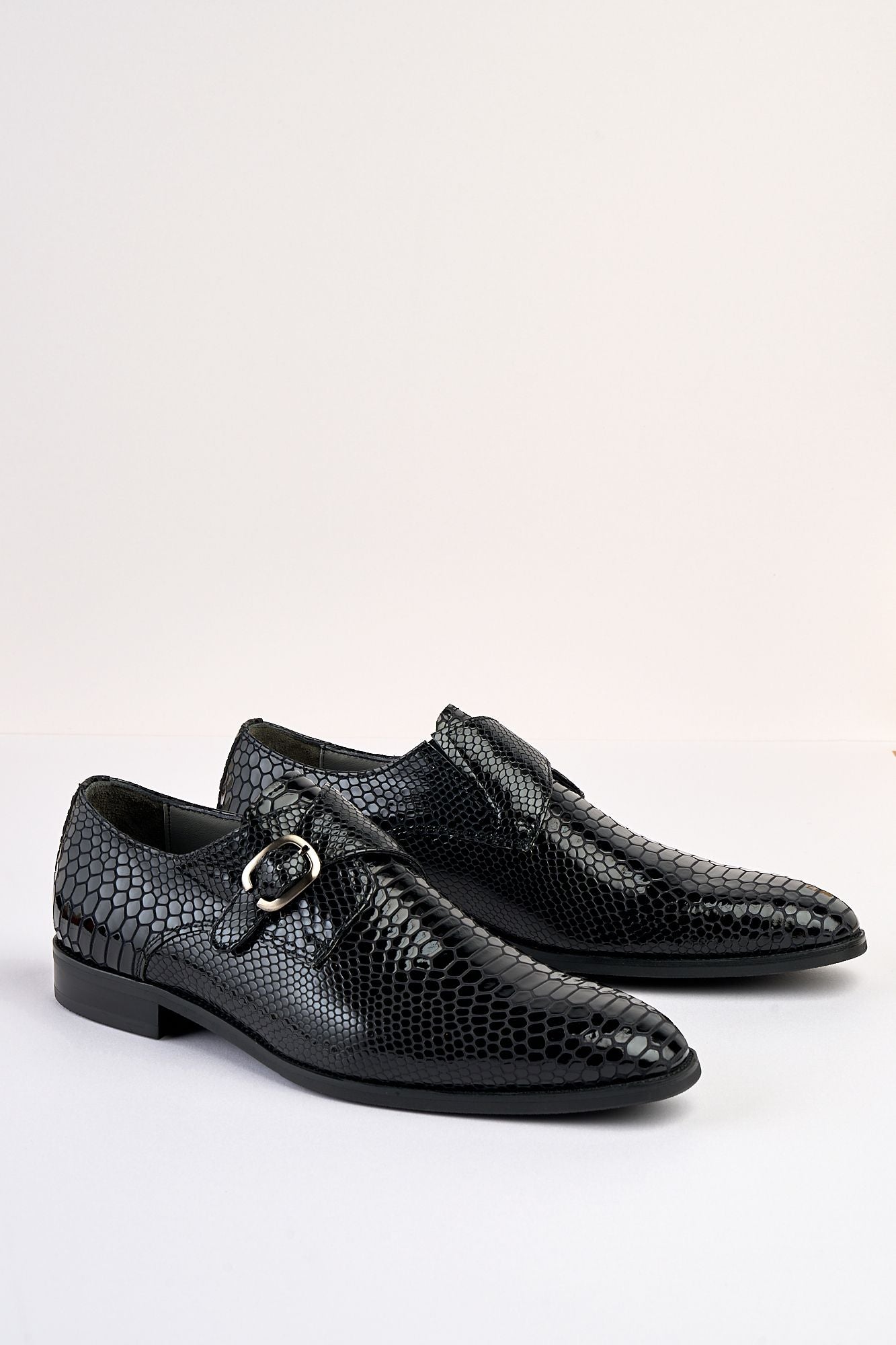 Saviano Black Crocodile-Pattern Monk Shoe