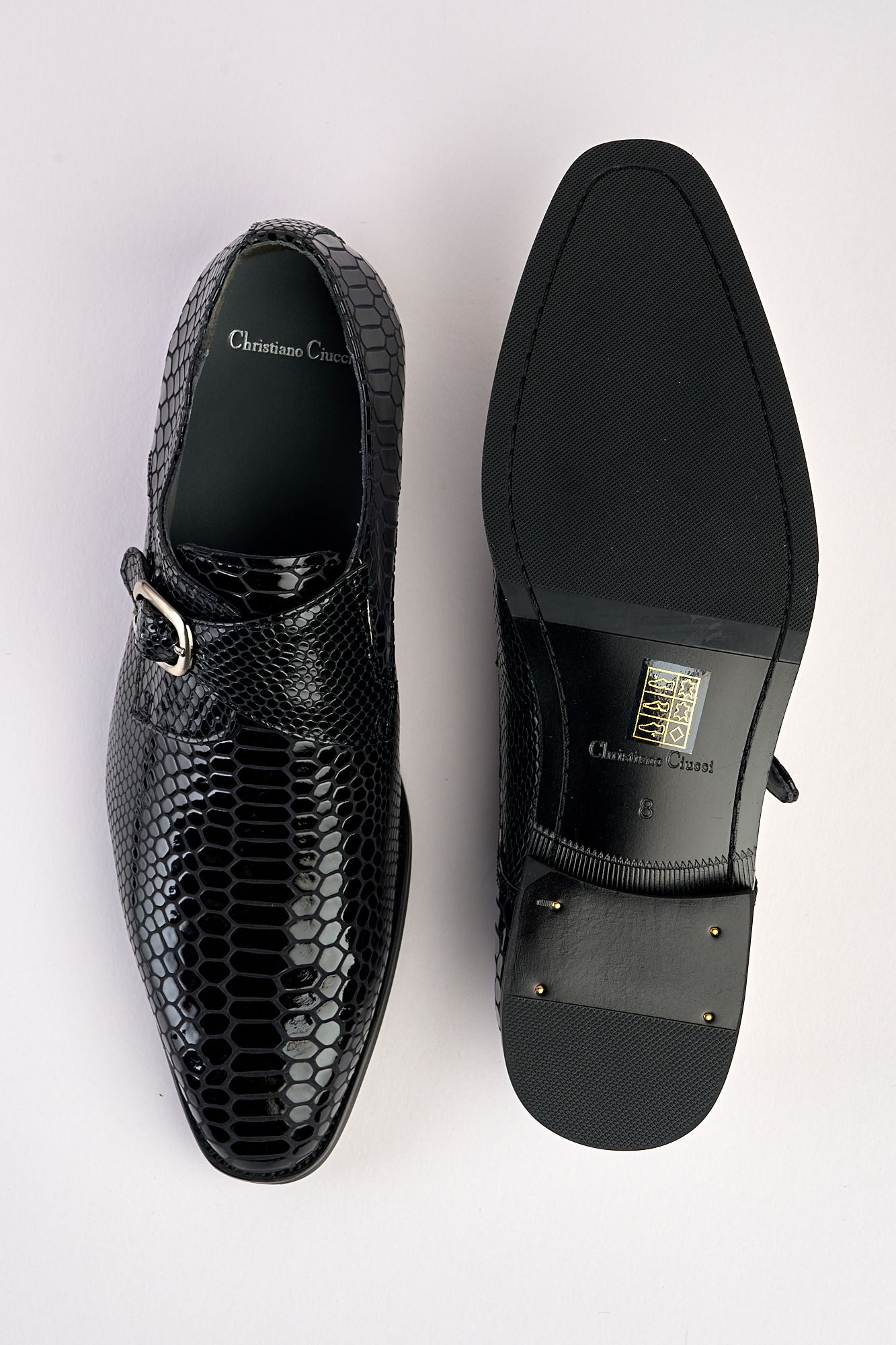 Saviano Black Crocodile-Pattern Monk Shoe