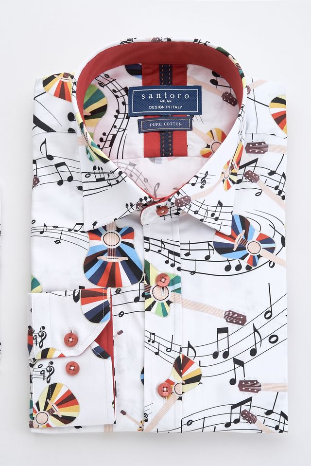 White Musical Notes & Guitar Print Shirt