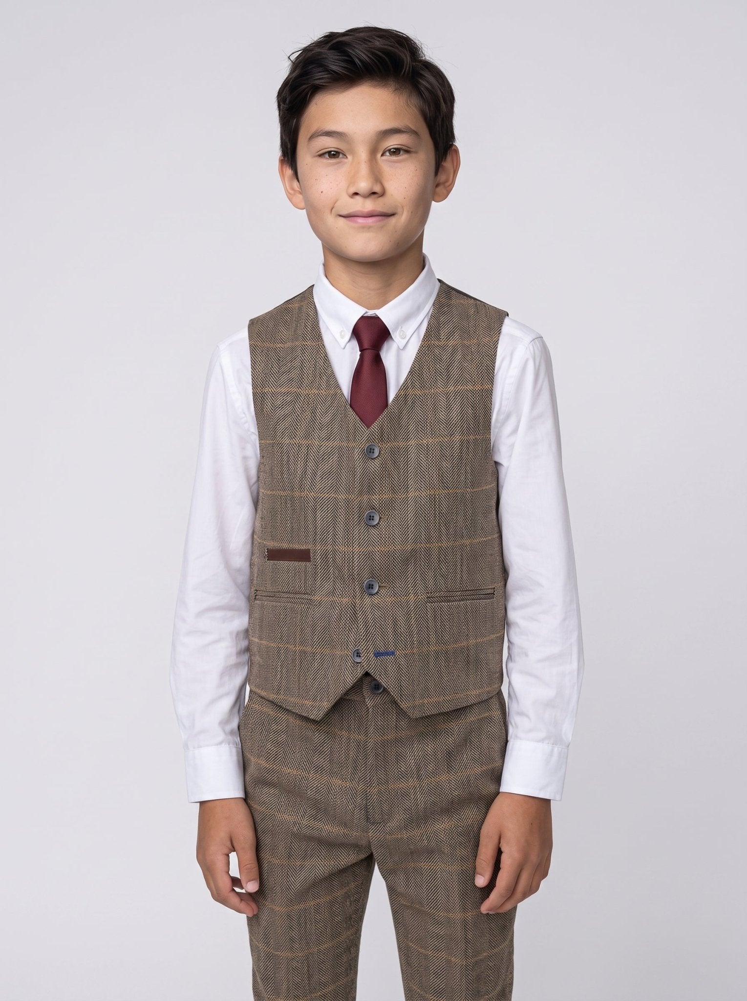 Boys Albert Brown Tweed Check Three Piece Suit