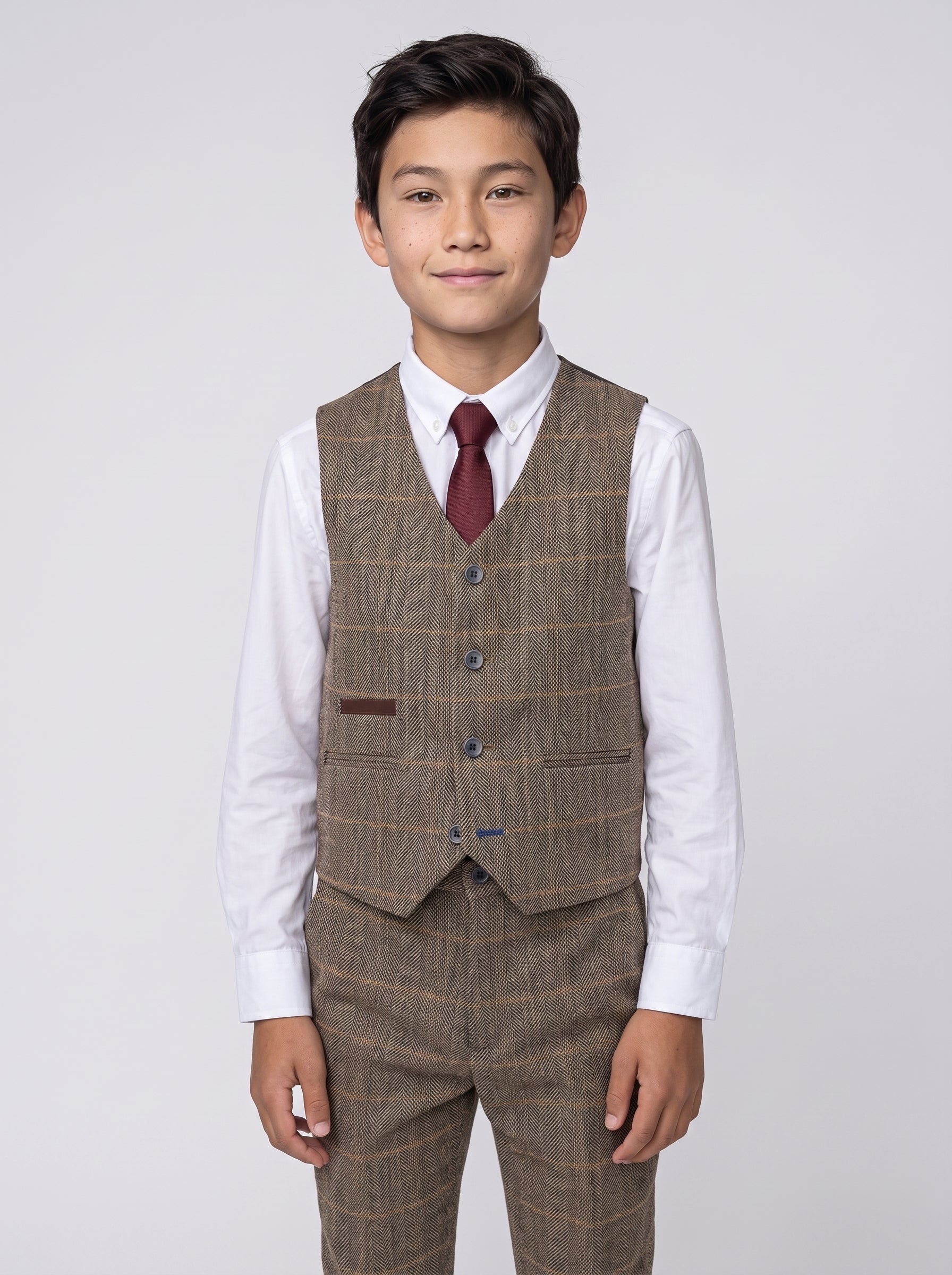 Boys Albert Brown Tweed Check Three Piece Suit