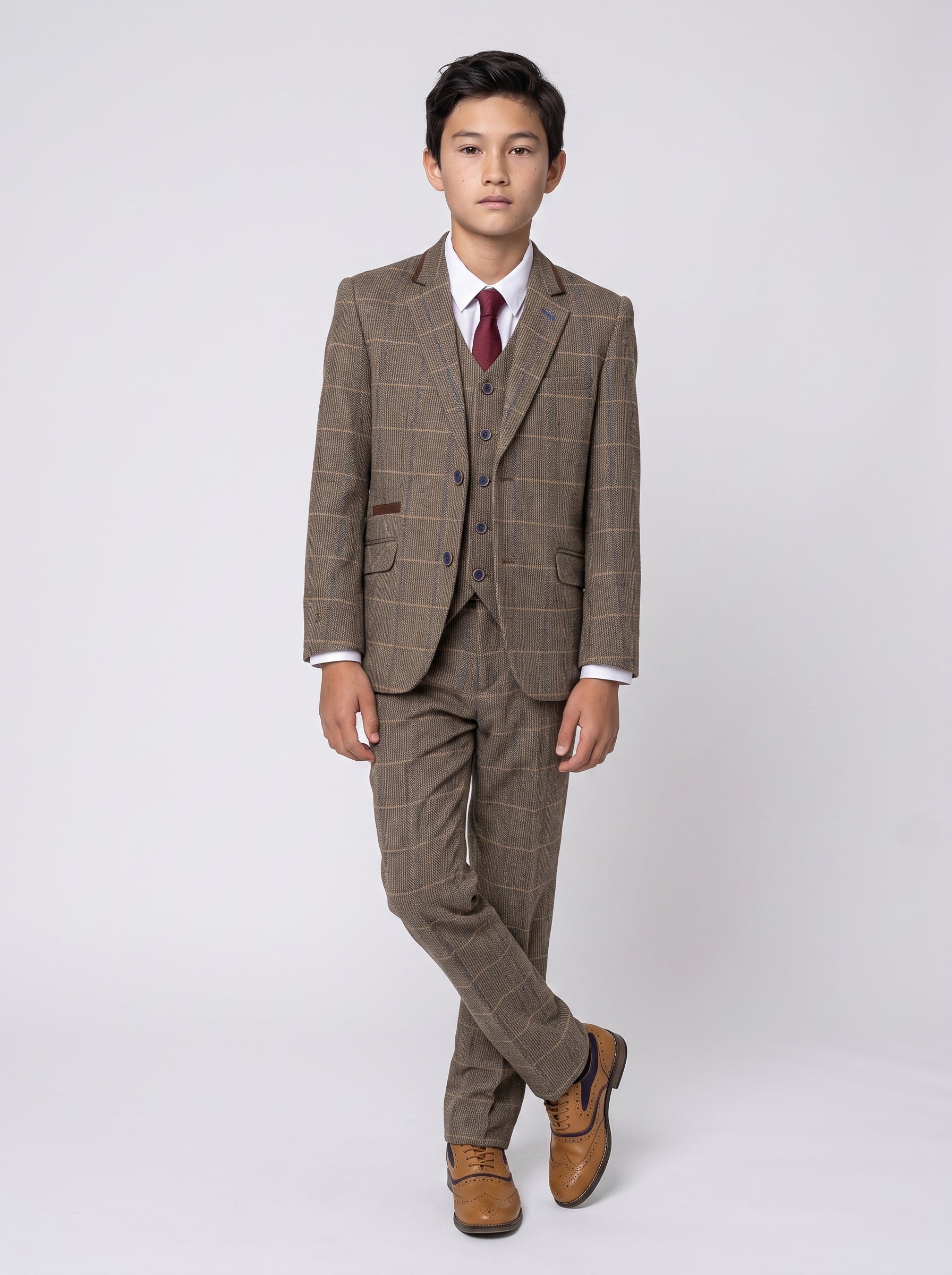 Boys Albert Brown Tweed Check Three Piece Suit