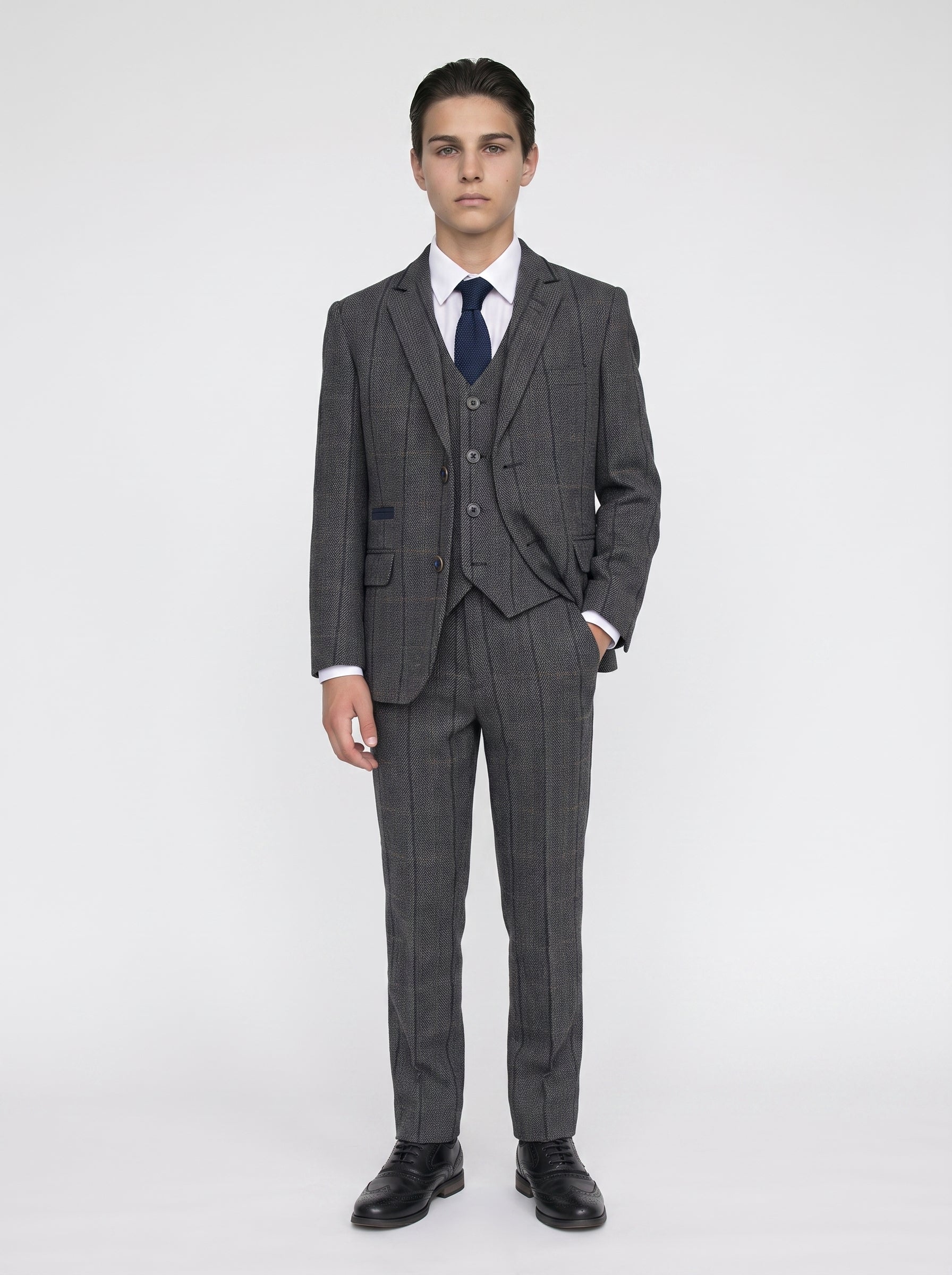 Boys Albert Grey Tweed Check Three Piece Suit