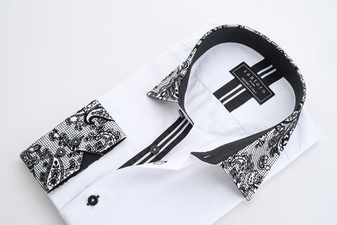 White Shirt with Black Paisley Detail