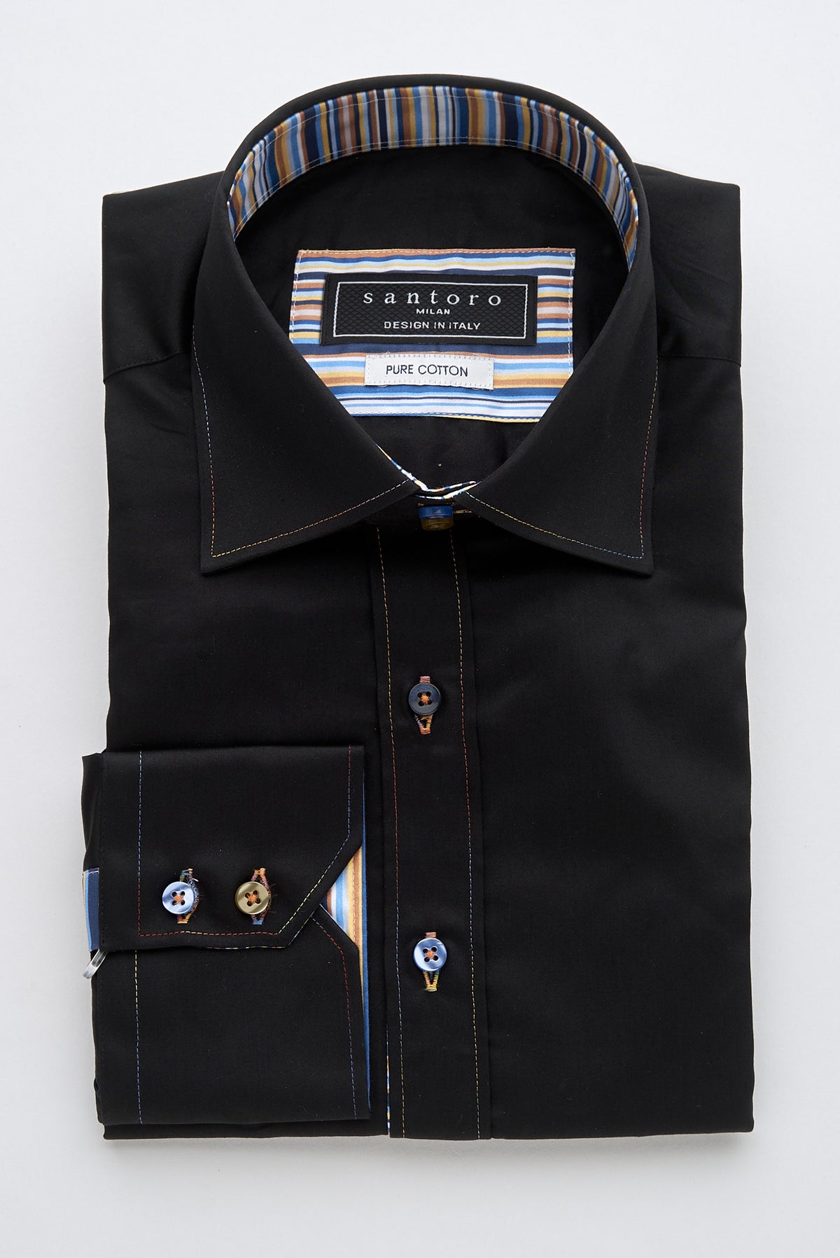 Black Shirt with Multicolour Stripe Contrast