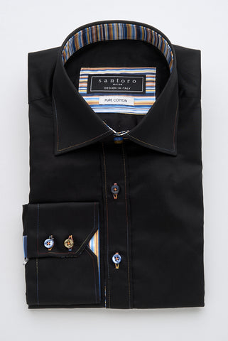 Black Shirt with Multicolour Stripe Contrast
