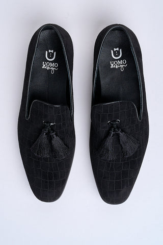 Alessandro Croc-Embossed Tassel Loafers – Noir Eclipse