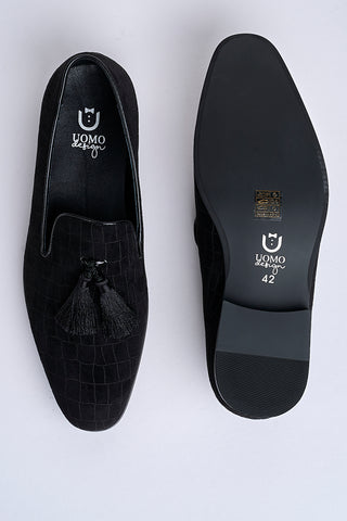 Alessandro Croc-Embossed Tassel Loafers – Noir Eclipse