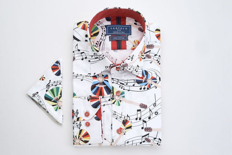 White Musical Notes & Guitar Print Shirt