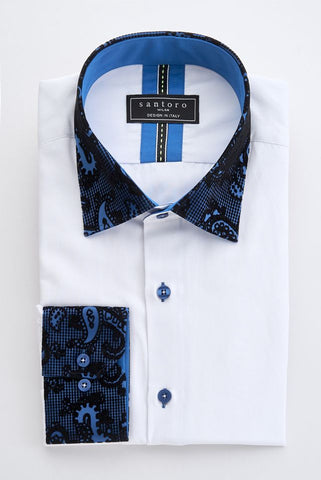 White Shirt with Blue Paisley Contrast Collar & Cuffs
