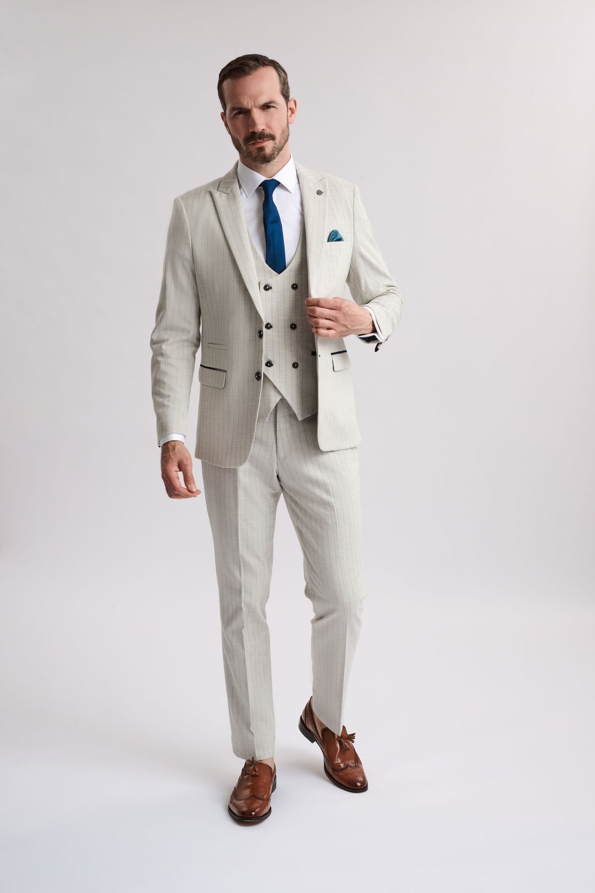 Grant Stone Pinstripe Double Breasted 3 Piece Suit