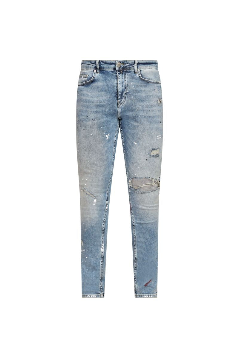 Everrett Paint-Splatter Distressed Skinny Jeans – Light Blue Wash