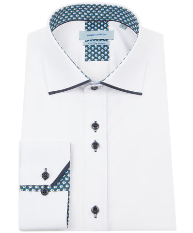 White Navy Long Sleeve Panelled Collar End on End Shirt