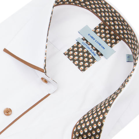 White Tan Long Sleeve Panelled Collar End on End Shirt