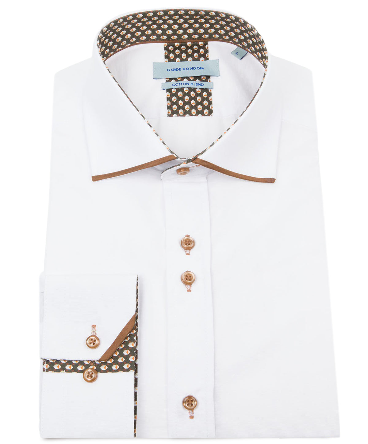 White Tan Long Sleeve Panelled Collar End on End Shirt