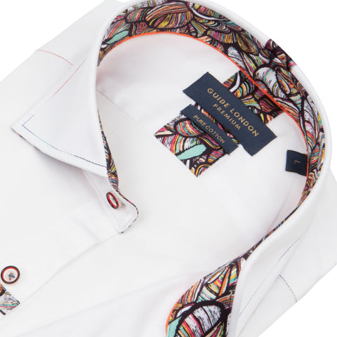 White Plain Shirt with Floral Patterned Inner Collar and Cuffs