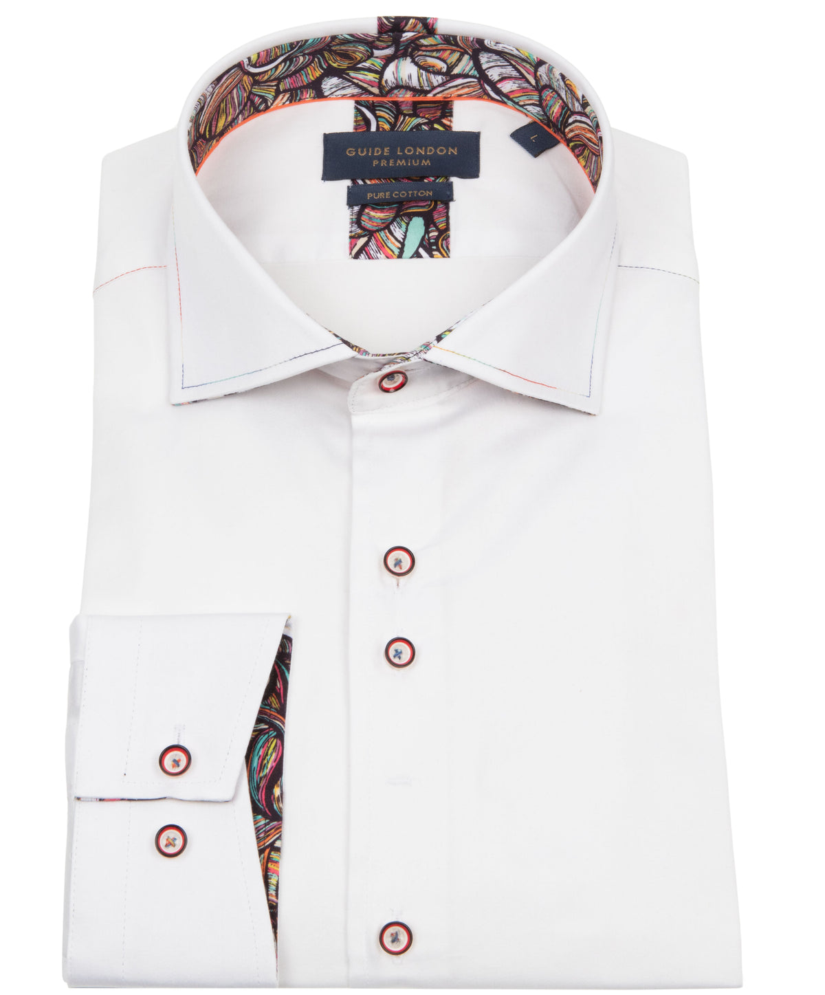 White Plain Shirt with Floral Patterned Inner Collar and Cuffs