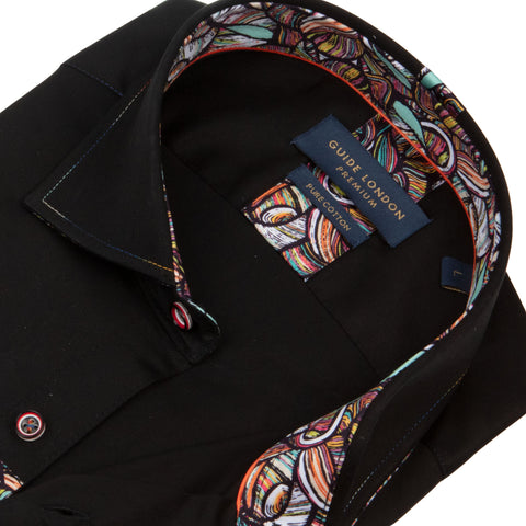 Black Plain Shirt with Floral Patterned Inner Collar and Cuffs