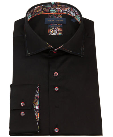 Black Plain Shirt with Floral Patterned Inner Collar and Cuffs