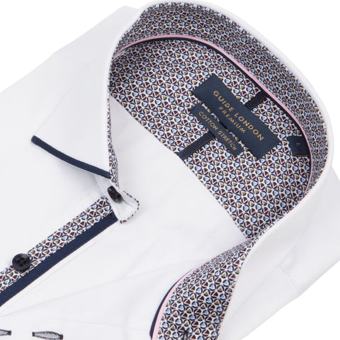 Long Sleeve Panelled Collar End On End White/Navy Shirt